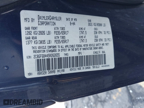 2005 Chrysler Pacifica Touring with VIN 2C8GF68445R262655, listed as a IAAI auction lot 41992654 with 196,381 mi miles and . Bid and sale history available at DreamBid. Image 9.
