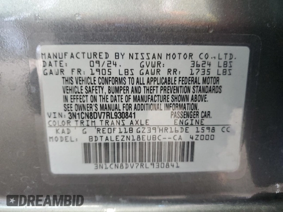 2024 Nissan Versa S with VIN 3N1CN8DV7RL930841, listed as a Copart auction lot 55431305 with 8,022 mi miles and Salvage Title. Bid and sale history available at DreamBid. Image 13.