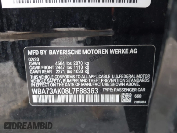 2020 BMW 2 Series 228i xDrive with VIN WBA73AK08L7F88363, listed as a IAAI auction lot 41617102 with 40,469 mi miles. Bid and sale history available at carsss.com. Image 9.