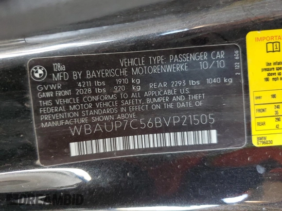 2011 BMW 1 Series 128i with VIN WBAUP7C56BVP21505, listed as a Copart auction lot 52437505 with 124,562 mi miles and Clean Title. Bid and sale history available at DreamBid. Image 12.