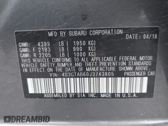 2018 Subaru Impreza Premium with VIN 4S3GTAB60J3743805, listed as a IAAI auction lot 42291918 with 138,933 mi miles and . Bid and sale history available at DreamBid. Image 9.