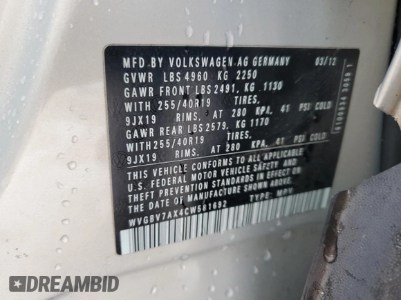 2012 Volkswagen Tiguan S with VIN WVGBV7AX4CW581692, listed as a Copart auction lot 86061624 with 168,362 mi miles and Clean Title. Bid and sale history available at DreamBid. Image 13.