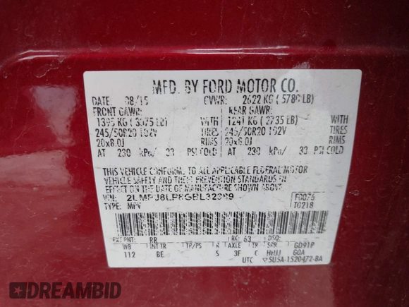 2016 Lincoln MKX Reserve with VIN 2LMPJ8LP8GBL32389, listed as a IAAI auction lot 42065668 with 135,907 mi miles and . Bid and sale history available at DreamBid. Image 9.