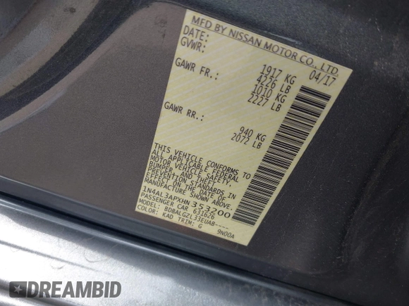 2017 Nissan Altima S with VIN 1N4AL3APXHN353200, listed as a IAAI auction lot 42586876 with Not provided miles and . Bid and sale history available at DreamBid. Image 9.