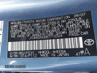 2008 Toyota Prius z VIN JTDKB20U687712324, wystawiony jako IAAI lot #41879892 z przebiegiem 270 900 mil mil oraz . Historia ofert i sprzedaży dostępna na DreamBid. Obrazek 9.