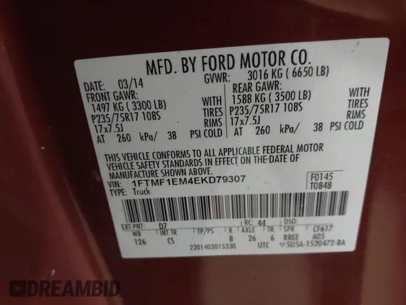 2014 Ford F-150 XL with VIN 1FTMF1EM4EKD79307, listed as a IAAI auction lot 42137527 with 57,963 mi miles. Bid and sale history available at carsss.com. Image 9.
