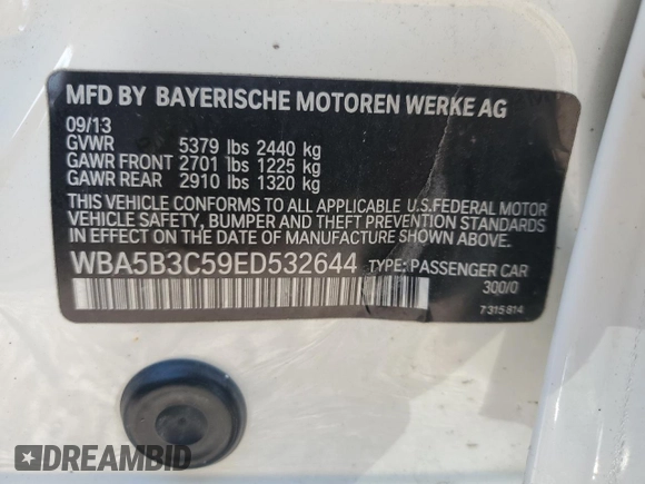 2014 BMW 5 Series 535i xDrive с VIN WBA5B3C59ED532644, выставлен на аукционе Copart как лот 57474445 с пробегом 83 808 миль миль и Списание • Salvage title. История ставок и продаж доступна на DreamBid. Изображение 13.