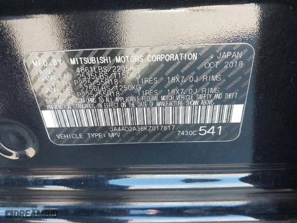 2019 Mitsubishi Outlander ES with VIN JA4AD2A36KZ017617, listed as a IAAI auction lot 41357728 with 252,811 mi miles. Bid and sale history available at carsss.com. Image 9.