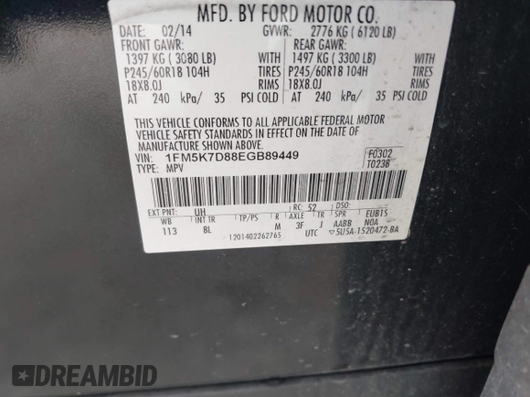 2014 Ford Explorer XLT with VIN 1FM5K7D88EGB89449, listed as a IAAI auction lot 42541102 with 180,205 mi miles and . Bid and sale history available at DreamBid. Image 9.