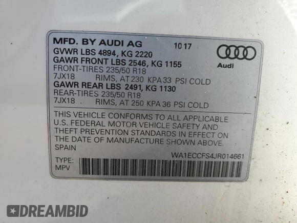 2018 Audi Q3 Premium with VIN WA1ECCFS4JR014661, listed as a Copart auction lot 40163163 with 93,587 mi miles. Bid and sale history available at carsss.com. Image 12.