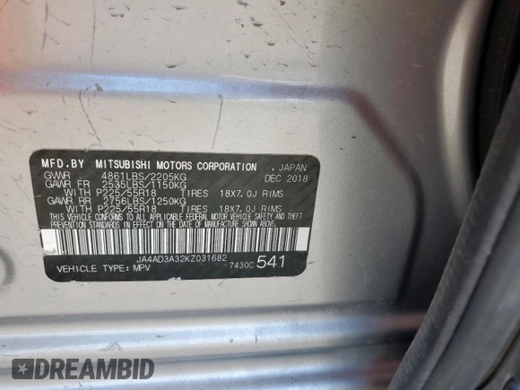 2019 Mitsubishi Outlander SE with VIN JA4AD3A32KZ031682, listed as a Copart auction lot 60626015 with 77,567 mi miles and Salvage title. Bid and sale history available at DreamBid. Image 12.