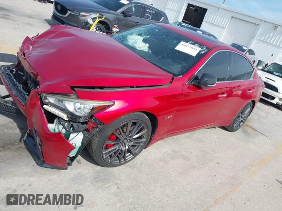 2018 Infiniti Q50 Red Sport 400 with VIN JN1FV7AP2JM460824, listed as a IAAI auction lot 42077854 with 91,062 mi miles and . Bid and sale history available at DreamBid. Image 2.