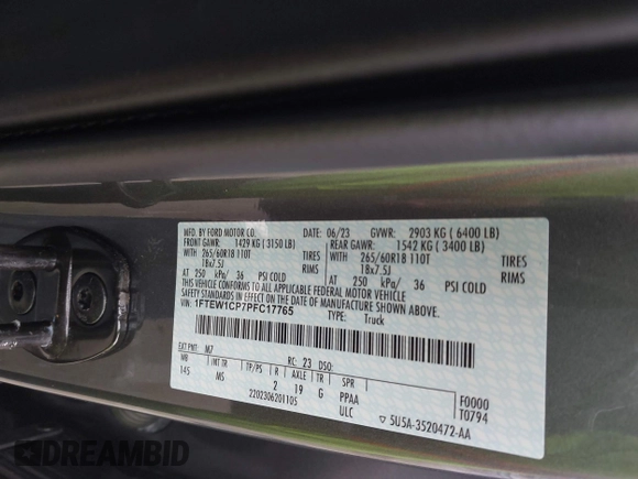 2023 Ford F-150 XL с VIN 1FTEW1CP7PFC17765, выставлен на аукционе IAAI как лот 42295199 с пробегом Не указан миль и . История ставок и продаж доступна на DreamBid. Изображение 9.