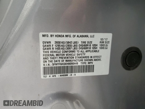 2017 Honda Pilot EX with VIN 5FNYF6H3XHB090449, listed as a Copart auction lot 45723825 with 98,778 mi miles and Salvage Title. Bid and sale history available at DreamBid. Image 14.