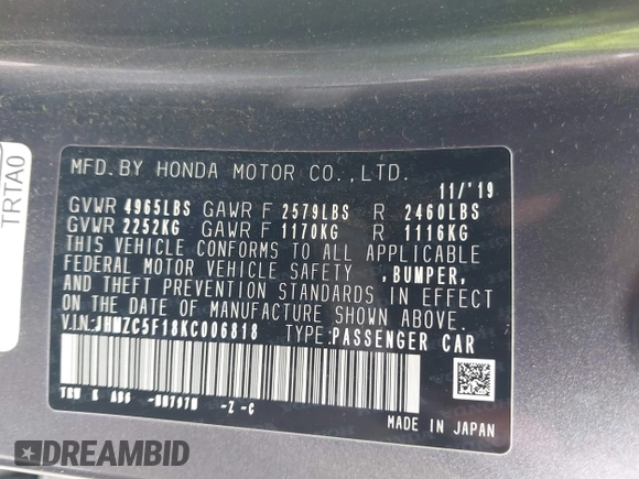 2019 Honda Clarity Plug-In Hybrid with VIN JHMZC5F18KC006818, listed as a IAAI auction lot 41905854 with 85,135 mi miles. Bid and sale history available at carsss.com. Image 9.
