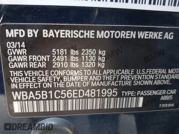 2014 BMW 5 Series 535i with VIN WBA5B1C56ED481995, listed as a IAAI auction lot 41583675 with 95,511 mi miles. Bid and sale history available at carsss.com. Image 9.