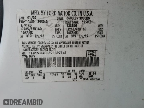 2002 Ford Excursion Special Serv z VIN 1FMNU40L62EB97141, wystawiony jako Copart lot #69656934 z przebiegiem 140 788 mil mil oraz Szkoda całkowita • Salvage title. Historia ofert i sprzedaży dostępna na DreamBid. Obrazek 13.