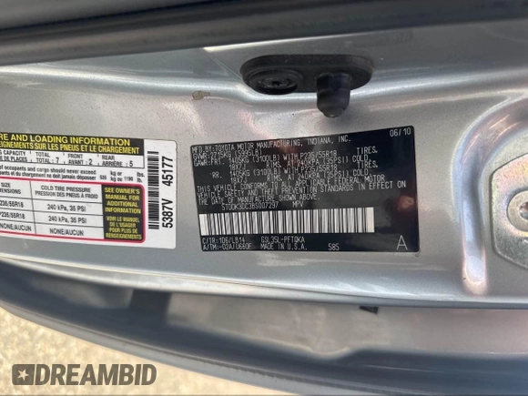 2011 Toyota Sienna XLE with VIN 5TDDK3DC3BS007297, listed as a IAAI auction lot 42158709 with 208,274 mi miles and . Bid and sale history available at DreamBid. Image 9.