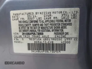 2011 Nissan Sentra SL with VIN 3N1AB6AP5BL730959, listed as a IAAI auction lot 42550274 with 108,766 mi miles and . Bid and sale history available at DreamBid. Image 9.