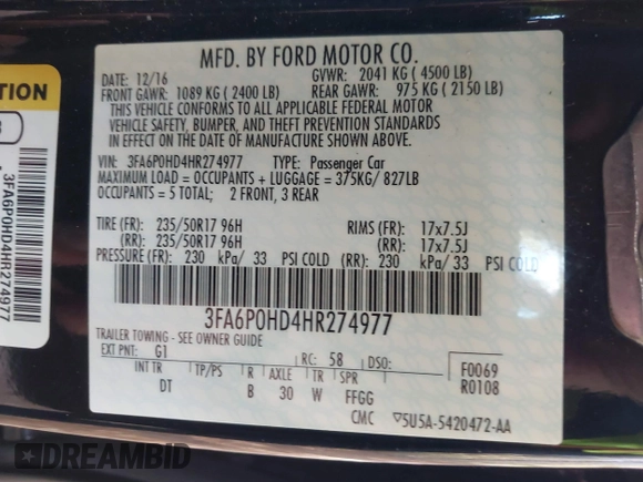 2017 Ford Fusion SE with VIN 3FA6P0HD4HR274977, listed as a IAAI auction lot 40722867 with 108,470 mi miles. Bid and sale history available at carsss.com. Image 9.