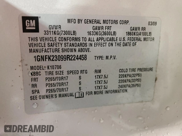2009 Chevrolet Tahoe 2LT z VIN 1GNFK23099R224458, wystawiony jako Copart lot #59935215 z przebiegiem 229 549 mil mil oraz Szkoda całkowita • Salvage title. Historia ofert i sprzedaży dostępna na DreamBid. Obrazek 14.