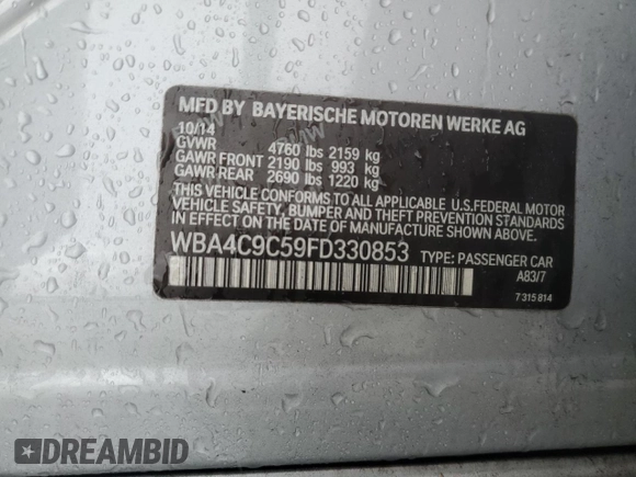 2015 BMW 4 Series 428i xDrive с VIN WBA4C9C59FD330853, выставлен на аукционе Copart как лот 52130785 с пробегом 128 618 миль миль и Списание • Salvage title. История ставок и продаж доступна на DreamBid. Изображение 13.