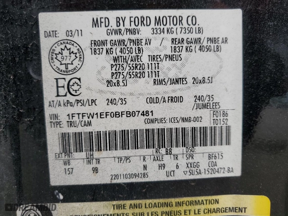 2011 Ford F-150 XL with VIN 1FTFW1EF0BFB07481, listed as a Copart auction lot 49008045 with 170,019 mi miles and Clean Title. Bid and sale history available at carsss.com. Image 12.