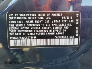 2012 Volkswagen Passat S with VIN 1VWAP7A32CC071038, listed as a Copart auction lot 55637315 with 79,935 mi miles and Clean title. Bid and sale history available at DreamBid. Image 13.