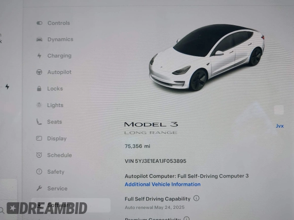 2018 Tesla Model 3 Long Range Battery z VIN 5YJ3E1EA1JF053895, wystawiony jako IAAI lot #42182178 z przebiegiem 75 356 mil mil oraz . Historia ofert i sprzedaży dostępna na DreamBid. Obrazek 7.