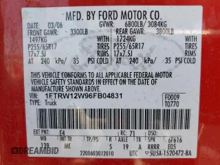 2006 Ford F-150 XLT with VIN 1FTRW12W96FB04831, listed as a Copart auction lot 63116385 with 111,162 mi miles and Salvage title. Bid and sale history available at DreamBid. Image 12.