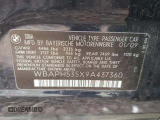 2009 BMW 3 Series 328i with VIN WBAPH535X9A437360, listed as a Copart auction lot 49171455 with 168,664 mi miles and Salvage title. Bid and sale history available at DreamBid. Image 12.