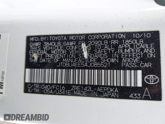 2010 Toyota Corolla с VIN JTDBU4EE5AJ085521, выставлен на аукционе IAAI как лот 41454057 с пробегом 159 952 миль миль и . История ставок и продаж доступна на DreamBid. Изображение 9.