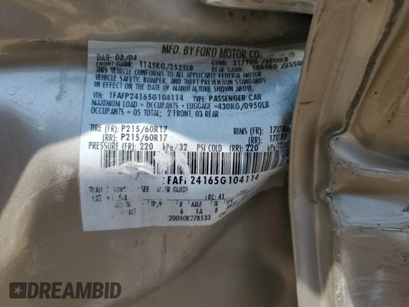 2005 Ford Five Hundred SEL with VIN 1FAFP24165G104114, listed as a Copart auction lot 60530235 with Not provided miles and Salvage title. Bid and sale history available at DreamBid. Image 12.