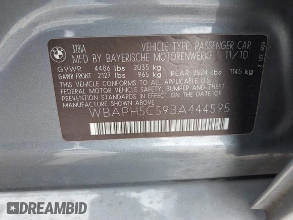 2011 BMW 3 Series 328i with VIN WBAPH5C59BA444595, listed as a IAAI auction lot 41756008 with Not Provided miles and . Bid and sale history available at carsss.com. Image 9.