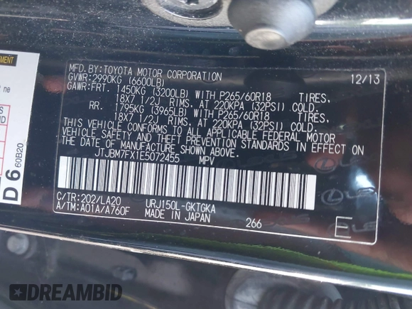 2014 Lexus GX with VIN JTJBM7FX1E5072455, listed as a IAAI auction lot 42133000 with 251,879 mi miles. Bid and sale history available at carsss.com. Image 9.