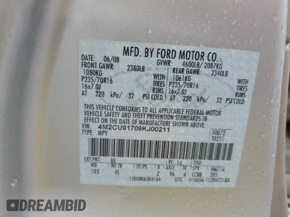2009 Mercury Mariner with VIN 4M2CU91709KJ00211, listed as a Copart auction lot 85007594 with 111,797 mi miles and Salvage Title. Bid and sale history available at carsss.com. Image 13.
