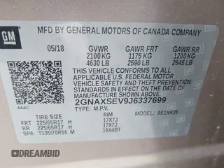 2018 Chevrolet Equinox LT with VIN 2GNAXSEV9J6337699, listed as a IAAI auction lot 41836428 with 101,487 mi miles. Bid and sale history available at carsss.com. Image 9.