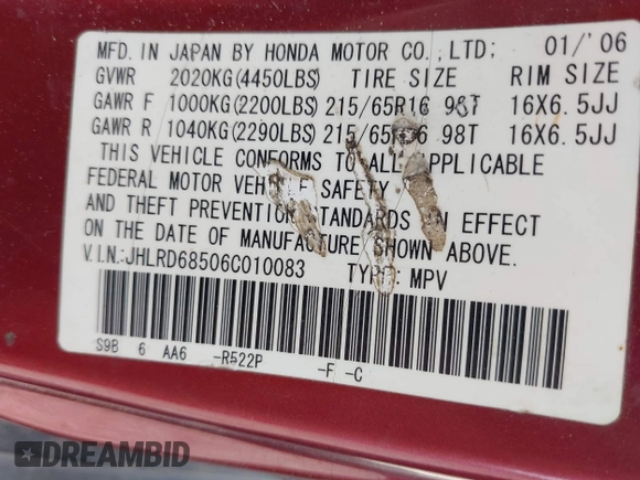 2006 Honda CR-V LX with VIN JHLRD68506C010083, listed as a IAAI auction lot 42104162 with 326,655 mi miles and . Bid and sale history available at carsss.com. Image 9.