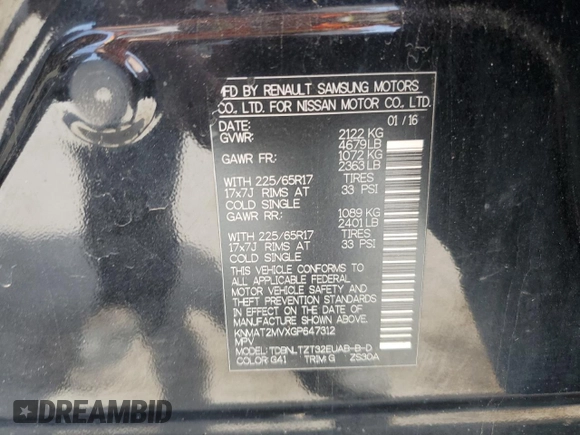 2016 Nissan Rogue SV with VIN KNMAT2MVXGP647312, listed as a Copart auction lot 53097615 with 129,399 mi miles and Salvage Title. Bid and sale history available at DreamBid. Image 14.