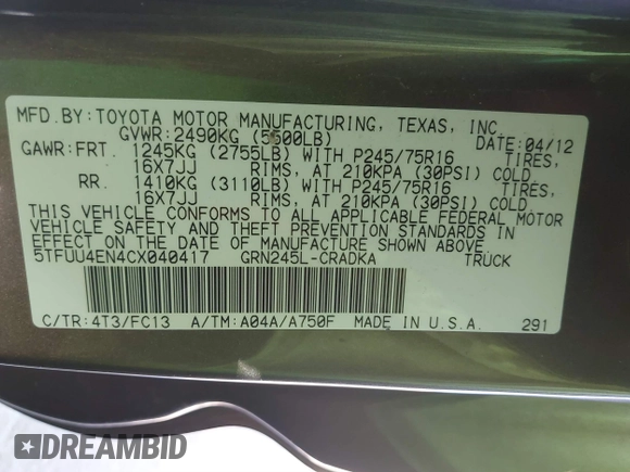 2012 Toyota Tacoma z VIN 5TFUU4EN4CX040417, wystawiony jako IAAI lot #41662802 z przebiegiem 221 186 mil mil oraz . Historia ofert i sprzedaży dostępna na DreamBid. Obrazek 9.
