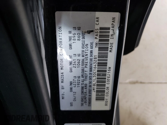 2012 Mazda 3 Mazdaspeed3 Touring with VIN JM1BL1L30C1643281, listed as a Copart auction lot 53963925 with 149,133 mi miles and Salvage Title. Bid and sale history available at DreamBid. Image 13.