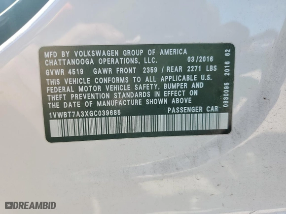 2016 Volkswagen Passat 1.8T SE with VIN 1VWBT7A3XGC039685, listed as a Copart auction lot 45967855 with 115,398 mi miles and Salvage Title. Bid and sale history available at carsss.com. Image 14.