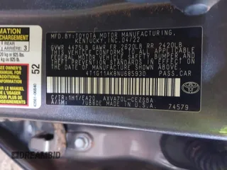 2022 Toyota Camry SE with VIN 4T1G11AK8NU685930, listed as a IAAI auction lot 41711373 with 66,634 mi miles and . Bid and sale history available at DreamBid. Image 9.