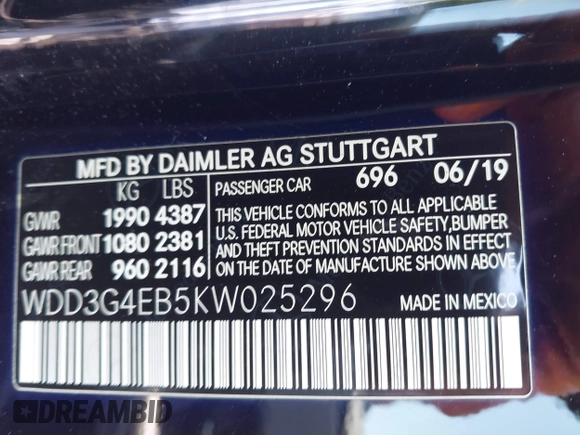 2019 Mercedes-Benz A 220 with VIN WDD3G4EB5KW025296, listed as a IAAI auction lot 42021643 with 63,334 mi miles and . Bid and sale history available at DreamBid. Image 9.