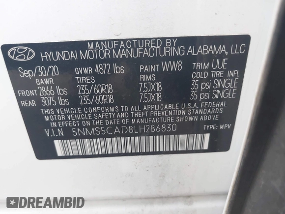 2020 Hyundai Santa Fe Limited with VIN 5NMS5CAD8LH286830, listed as a IAAI auction lot 41586628 with 80,381 mi miles and . Bid and sale history available at DreamBid. Image 9.