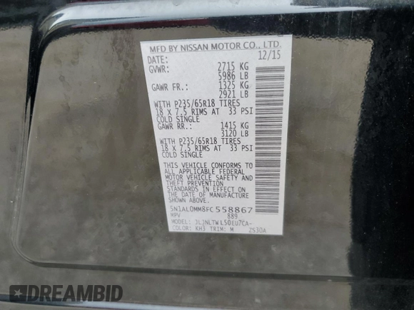 2015 Infiniti QX60 with VIN 5N1AL0MM8FC558867, listed as a Copart auction lot 54653245 with Not provided miles and Salvage title. Bid and sale history available at DreamBid. Image 13.