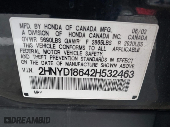 2002 Acura MDX Touring Pkg with VIN 2HNYD18642H532463, listed as a IAAI auction lot 41875315 with 184,626 mi miles. Bid and sale history available at carsss.com. Image 9.