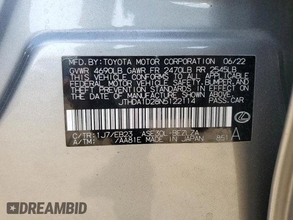 2022 Lexus IS 300 with VIN JTHDA1D28N5122114, listed as a Copart auction lot 59958455 with 32,236 mi miles and Salvage title. Bid and sale history available at DreamBid. Image 13.