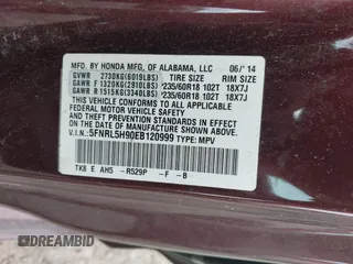2014 Honda Odyssey Touring with VIN 5FNRL5H90EB120999, listed as a IAAI auction lot 42541370 with 96,454 mi miles and . Bid and sale history available at DreamBid. Image 9.