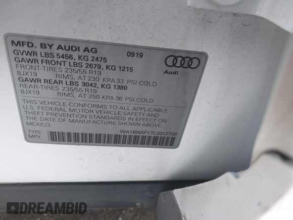 2020 Audi Q5 Premium Plus with VIN WA1BNAFY7L2012758, listed as a IAAI auction lot 40736399 with 1 mi miles. Bid and sale history available at carsss.com. Image 9.